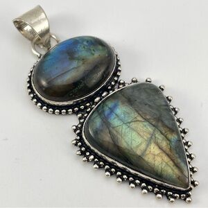 Stunning Silver Tone Double Labradorite Pendant with Ornate Beaded Design